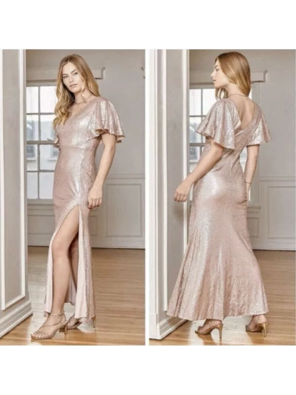Lulus Small Dazzled Dream Rose Gold Sequin Maxi Dress Flutter Sleeve Side Slit